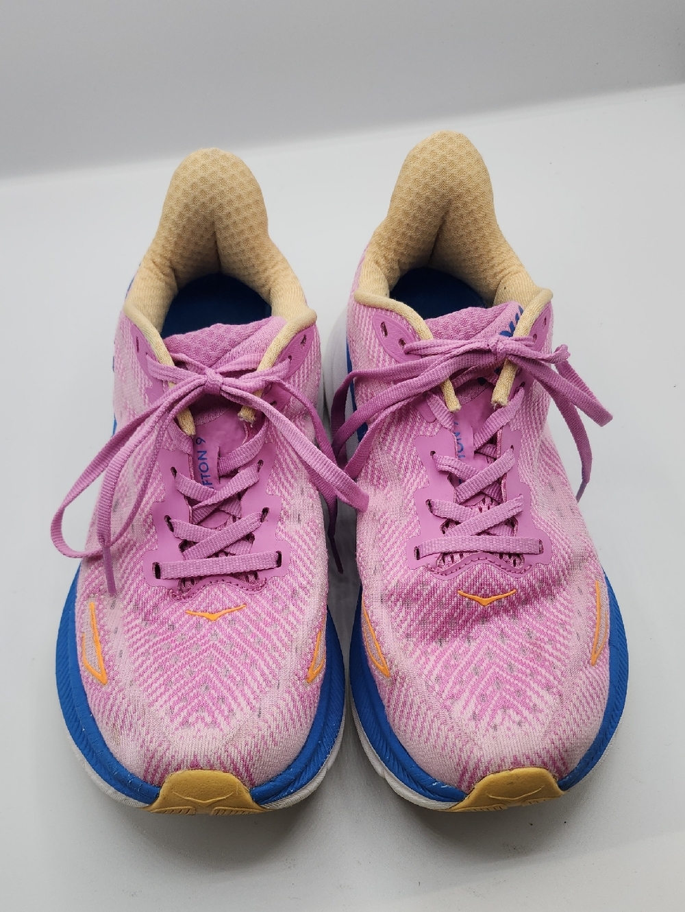 Hoka Women's Clifton 9 Pink and Blue Athletic Running Shoes Size 7.5 2E